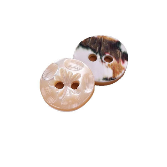 Natural troca shell button, 2 holes, beige/white floral cutout, 11.5mm