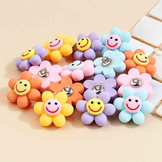 Smiley flower plastic buttons with metal shanks, mixed colors set of 30