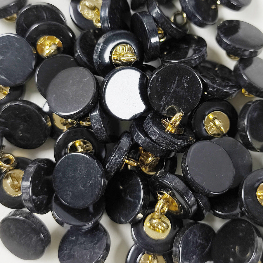 Faux agate resin shank buttons, dark gray/black discs with gold metal shanks