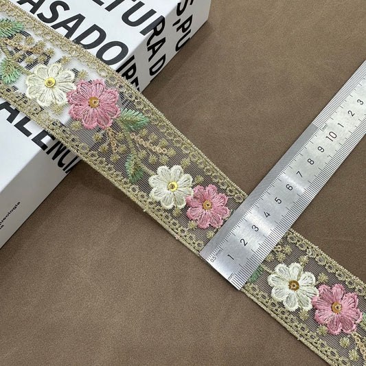 Pink Mesh Double Flower Sequin Embroidered Lace Trim 10 Yards 4cm