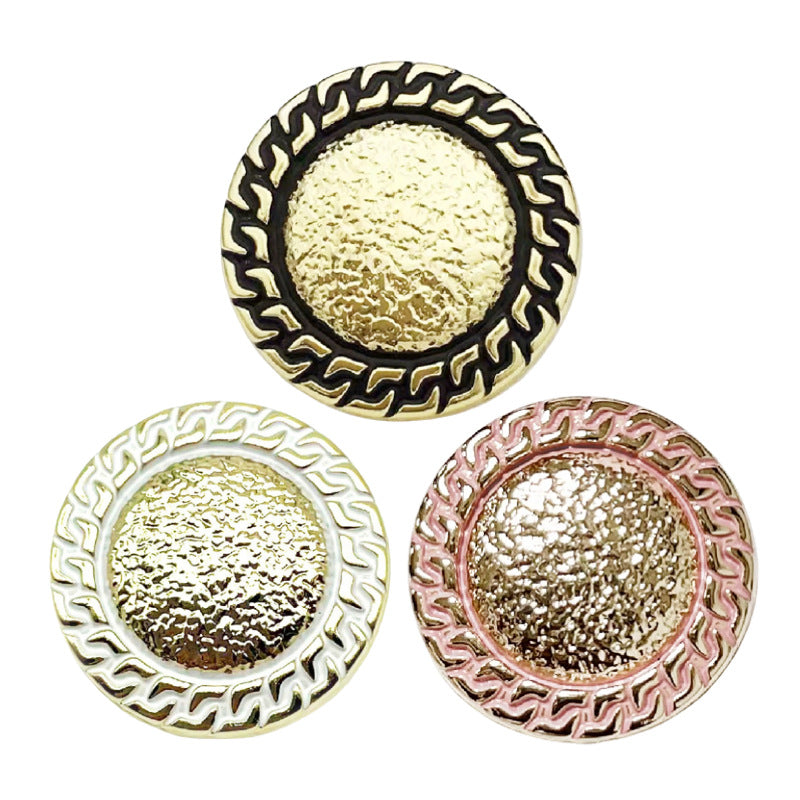 Round metal buttons, gold center with black, white, and pink chain-edged trim (set)