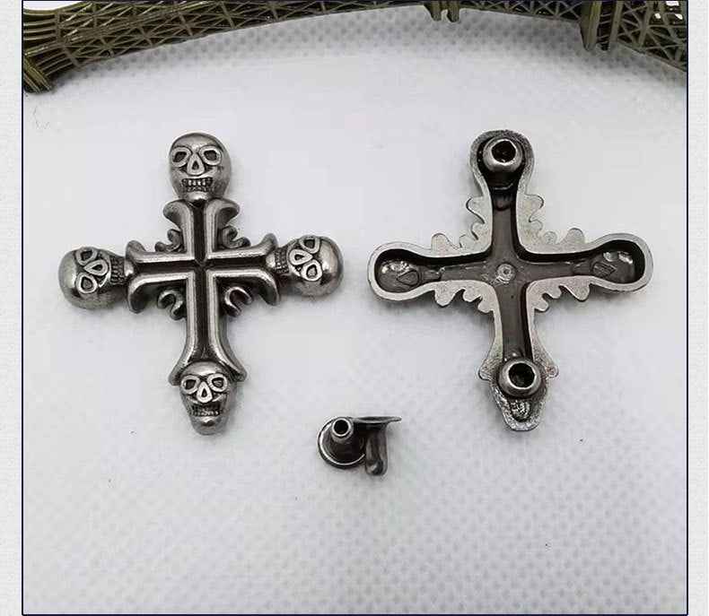 Silver gothic cross rivet studs with skull details and separate back posts, 2 styles shown
