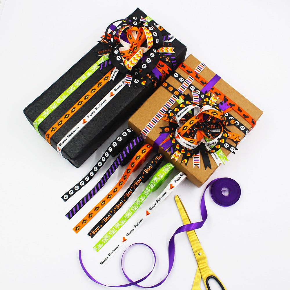 Halloween ribbon on gift bows: black, orange, purple and green printed strips, 16 designs