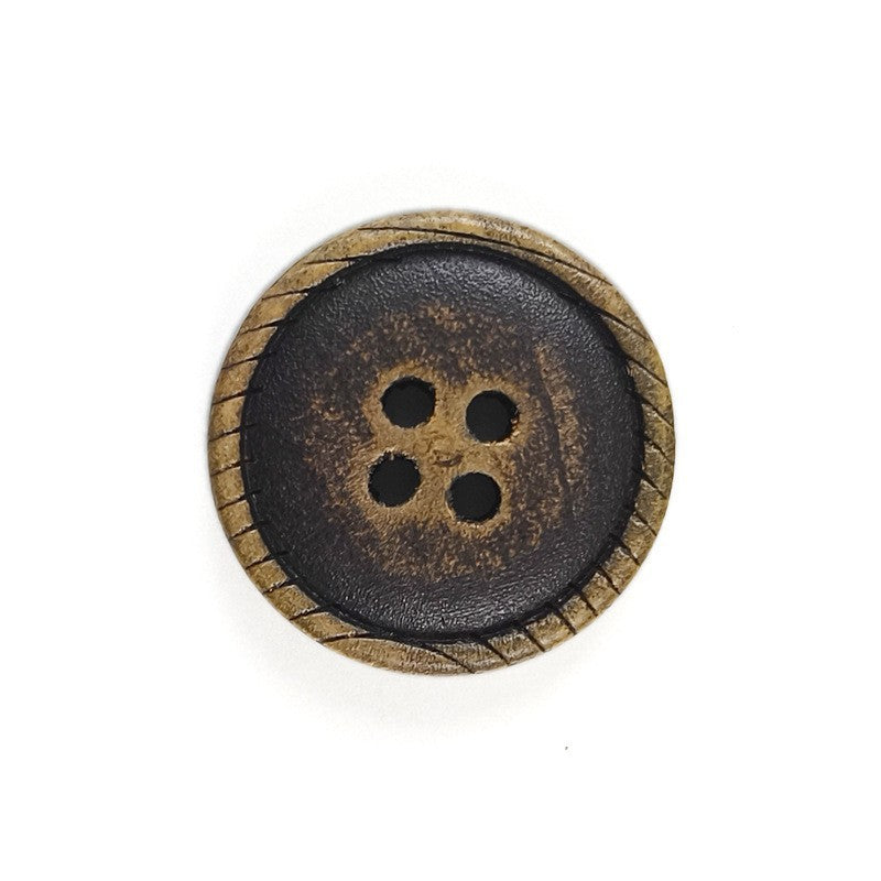 Round 4-hole dark brown button with tan stitched rim, close-up