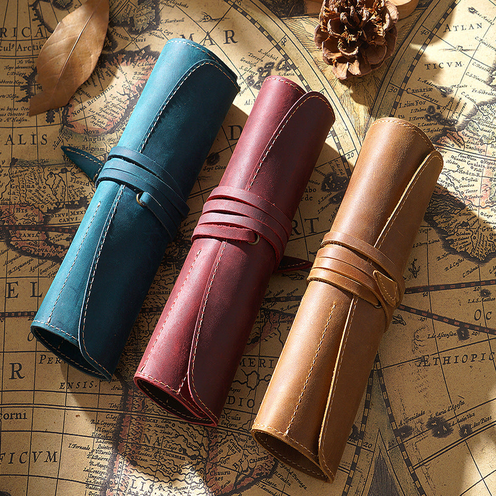 Handmade Genuine Leather Pen Roll Pencil Case Wrap