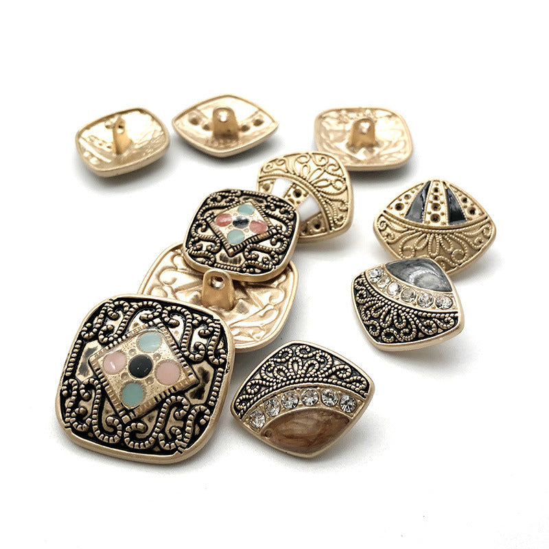Exotic diamond-inlaid metal shank buttons, gold tone, gemstone accents, 10pcs