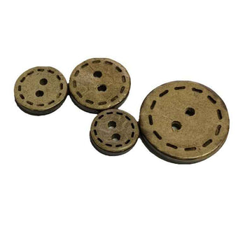 Round coconut shell buttons with 2 holes and laser dotted edge, showing four pieces