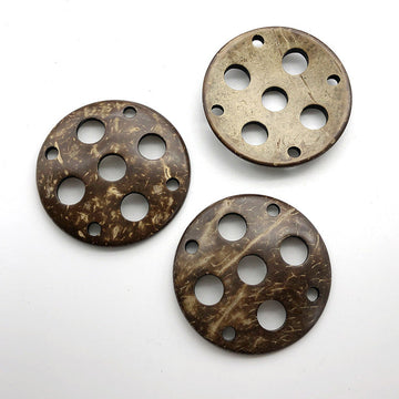 Round 9-hole coconut shell decorative button, 44mm; set of 3 shown, natural brown.