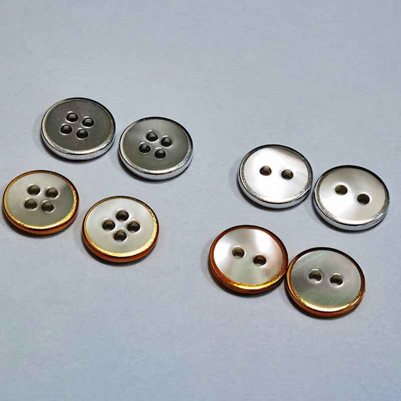 Round 2-hole freshwater shell buttons, mixed gold/silver edging on silvery white faces