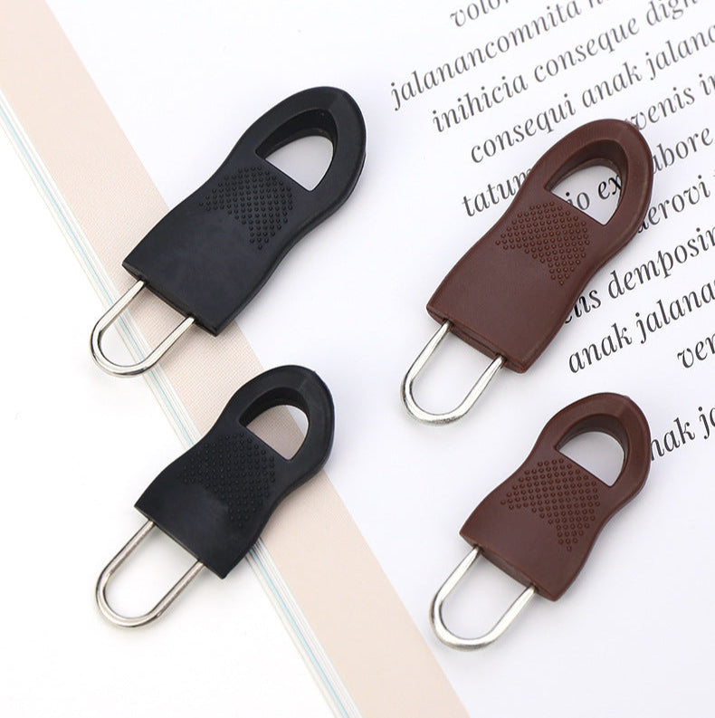 Universal zipper pull kit with detachable pulls in black and brown, metal loop hooks