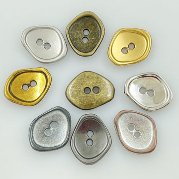 Irregular 2-hole metal buttons, assorted finishes: silver, antique gold, gold, bronze tones (100 pack)