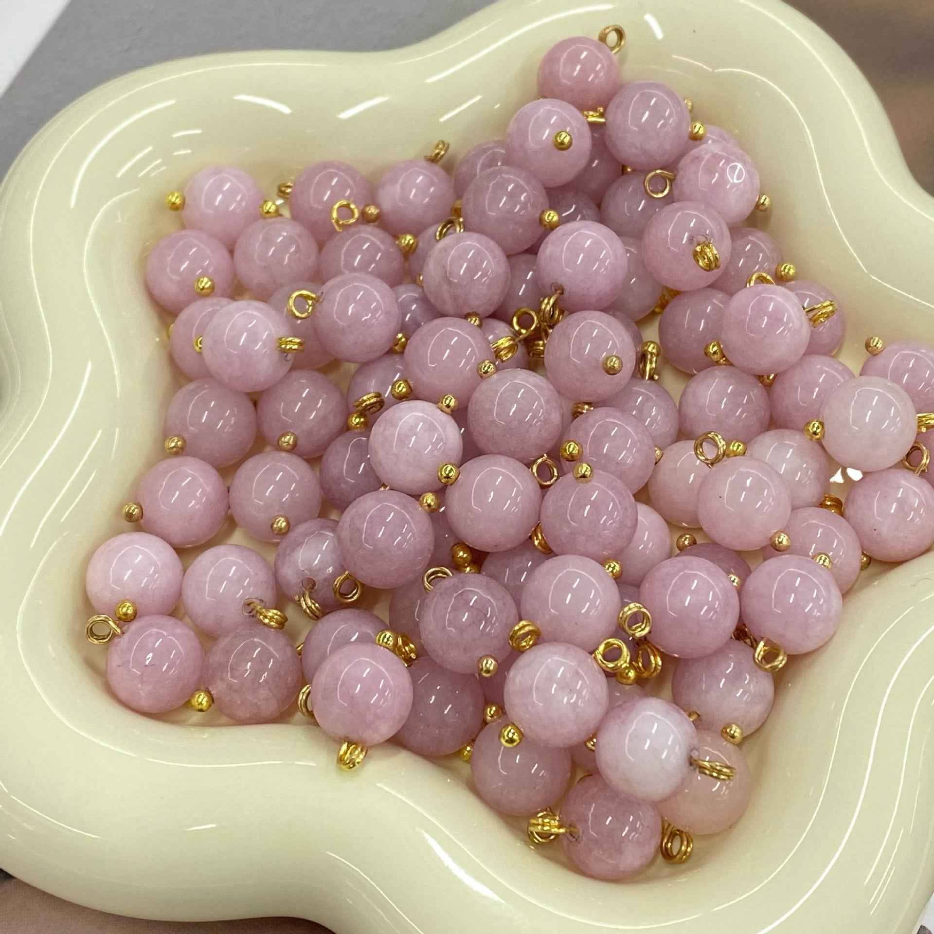 Natural jade buttons, light pink tones, gold loops, 10mm round Chinese style