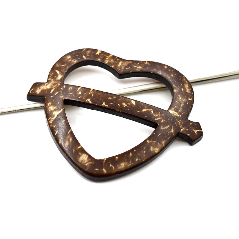 Heart arrow coconut shell button, dark brown speckled, pierced cutout, metal pins