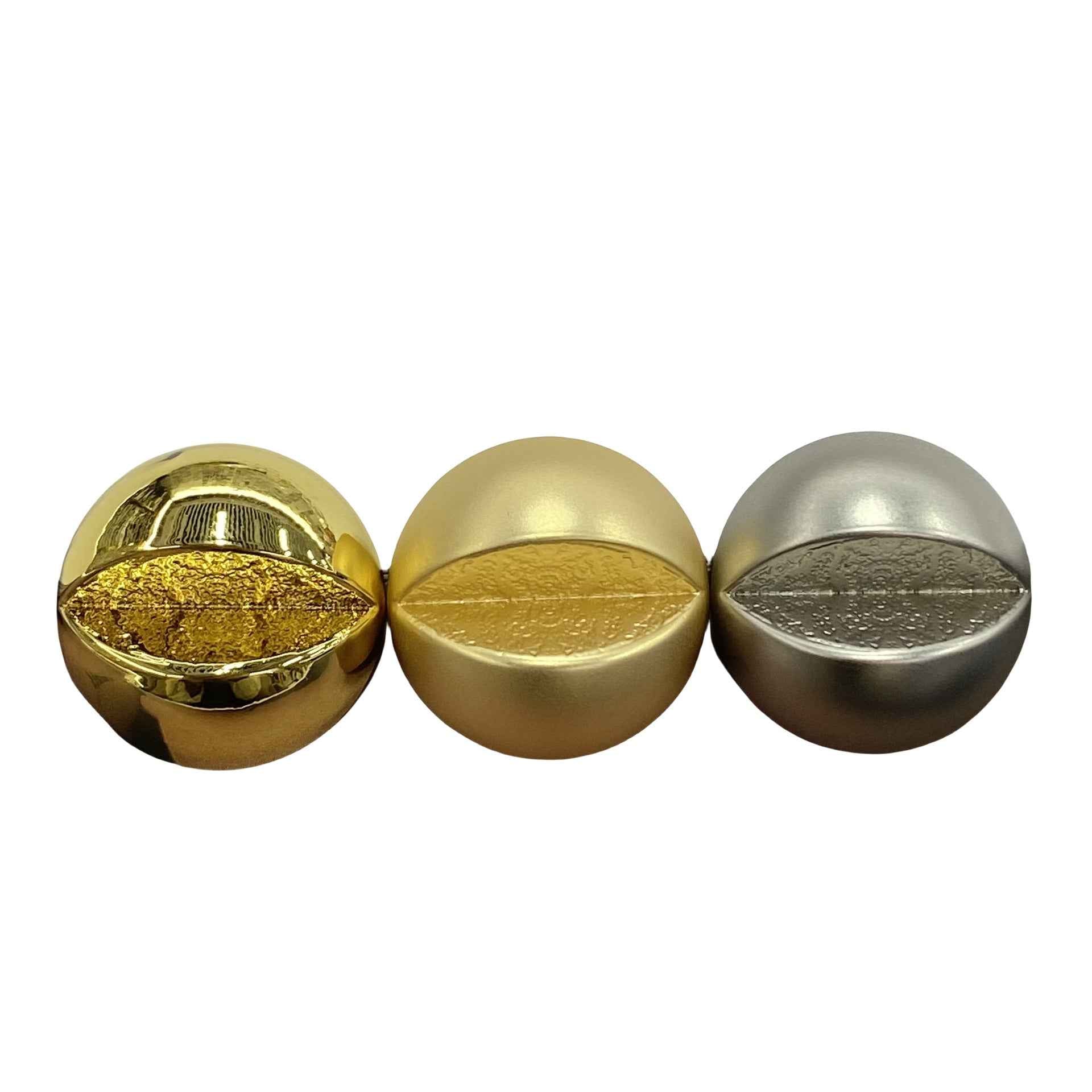 23-mm Metallknöpfe, rund, glänzend; gold-, teegold- und silberfarbene Vorderseiten, 3er Ansicht