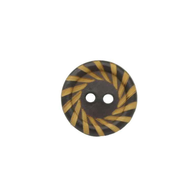 15mm dark brown round wood button with two holes, yellow stripe pattern