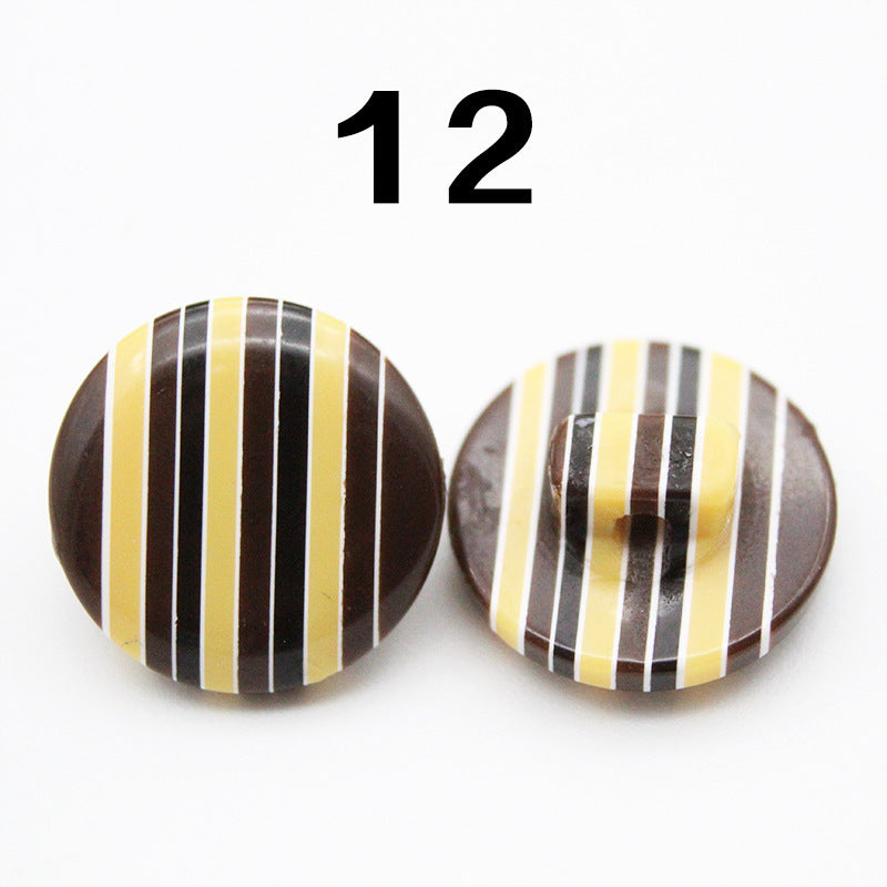 Rainbow striped resin shirt button, round, yellow/white and black stripes; Color 12