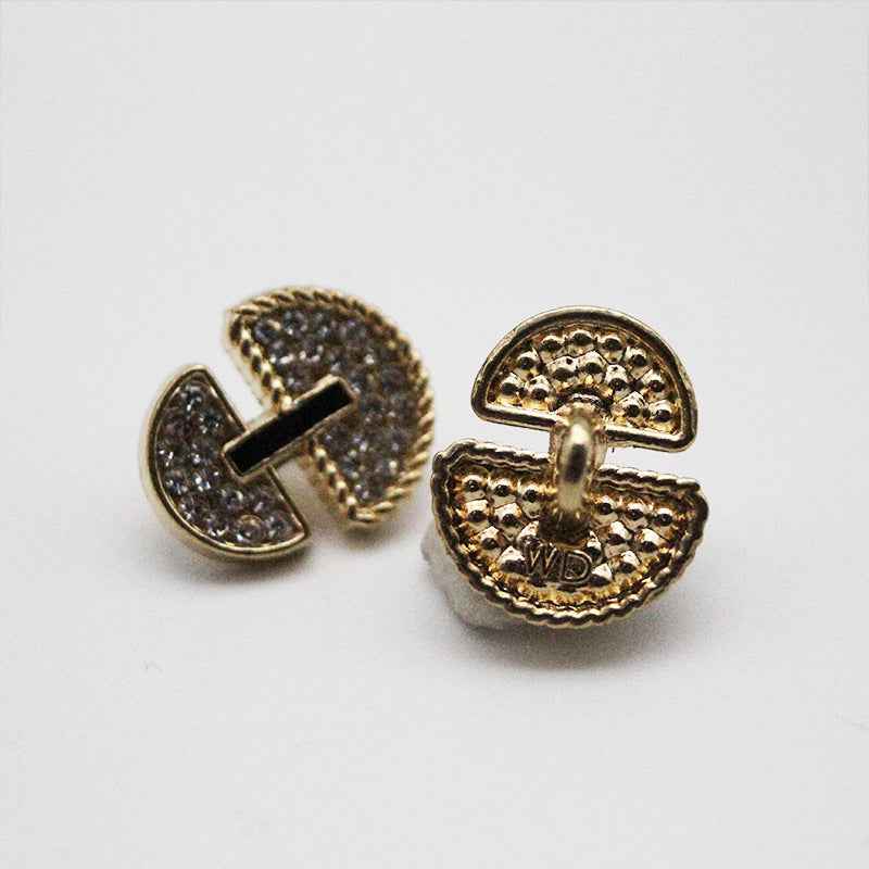 Gold umbrella-shaped rhinestone button underside with metal shank post
