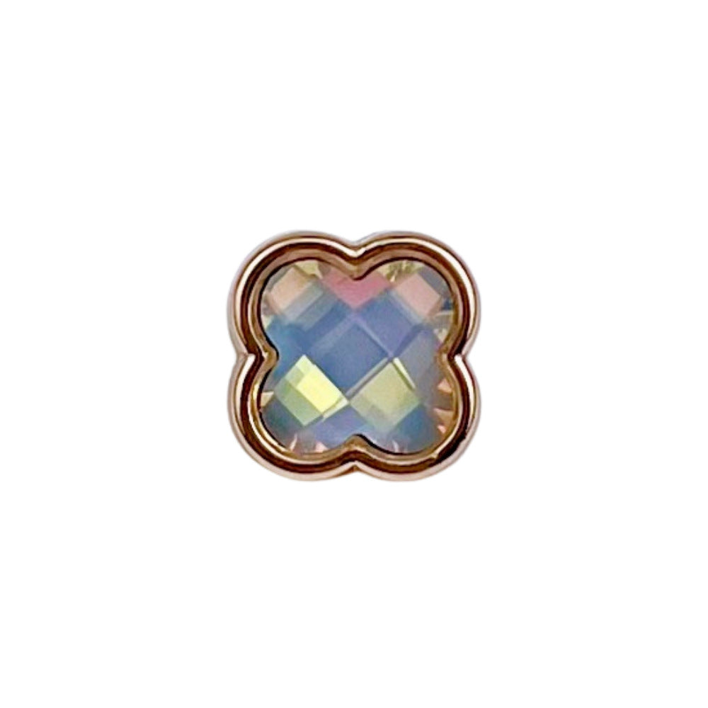 Four-leaf clover metal button, blue iridescent stone with gold-tone edges