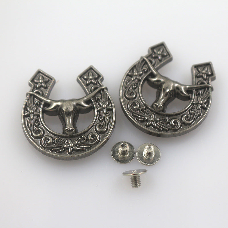 27mm vintage cow horsehide snap buttons, ornate metal cow motif, with screw post—50 pack