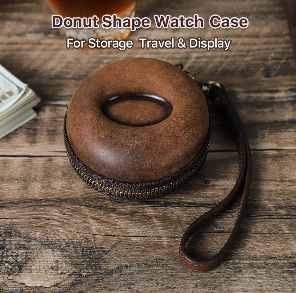 Vintage Round Leather Single Watch Case Box with Removable Wrist Cushion