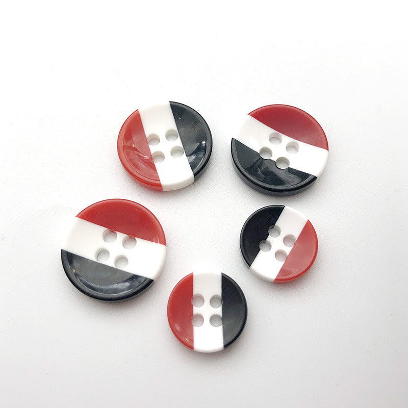 Red/white/black striped resin four-hole shirt buttons, visible hole pattern, 100 pcs