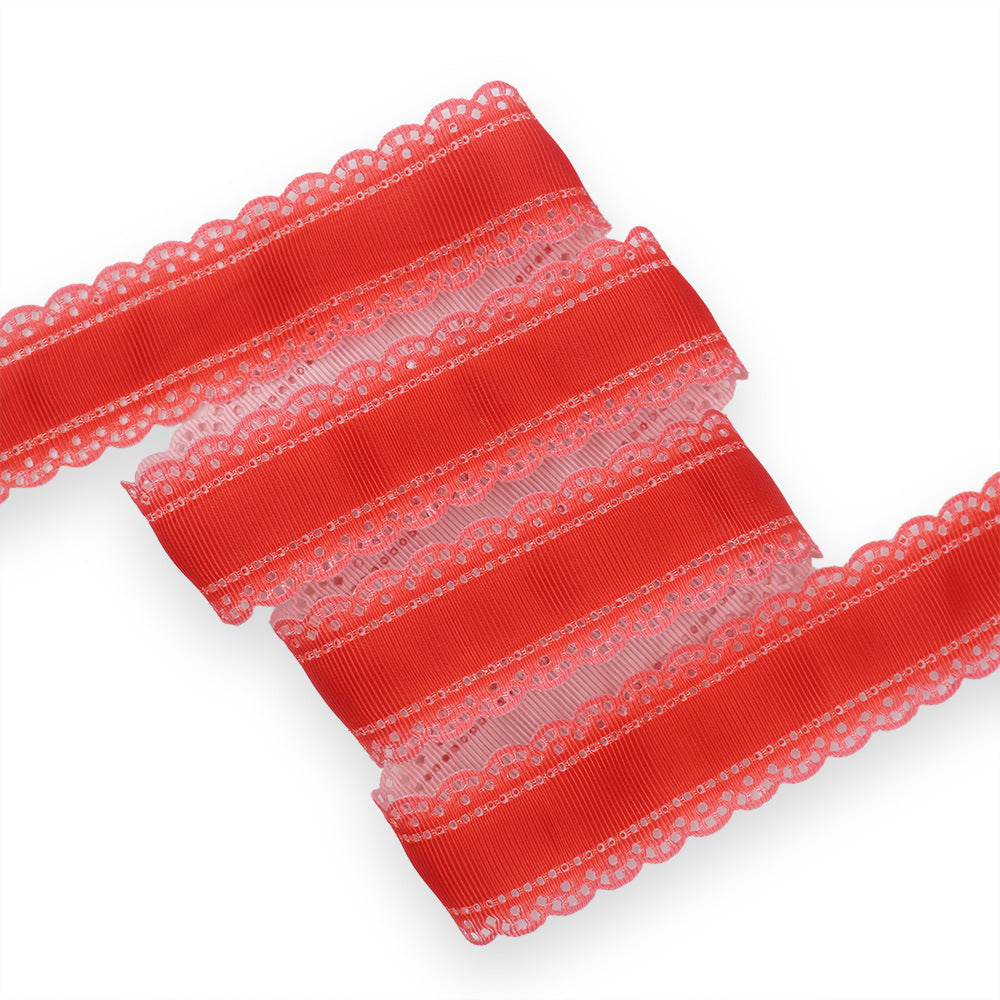 30mm lace gradient ribbon with ribbed stripes in red and pink