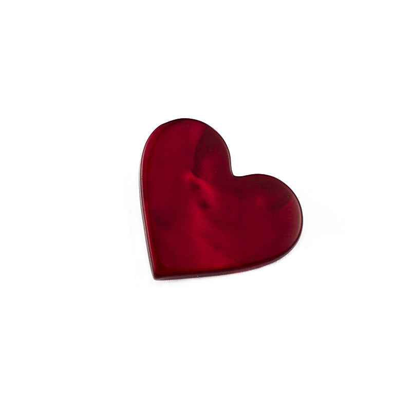 Deep red flat heart button with metal shank, glossy front