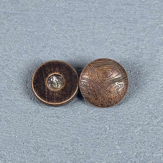 Wood shank button pair: dark coffee front with metal shank and carved grain back