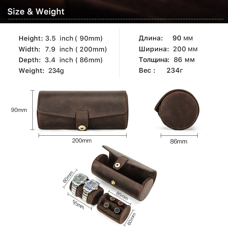 Vintage Leather 2-Slot Cylindrical Watch Button Box Case