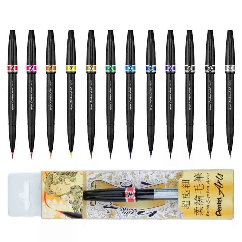 Pentel Arts Brush Sign Pen Artist Ultra Fine Brush 12 Pack