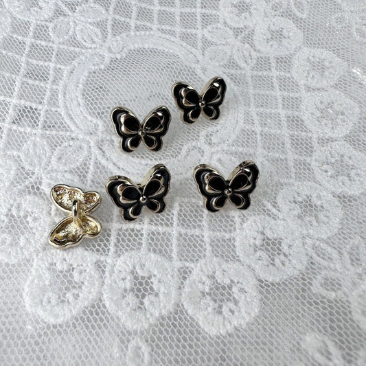 12mm butterfly metal buttons set: black and white enamel, gold-toned back loops