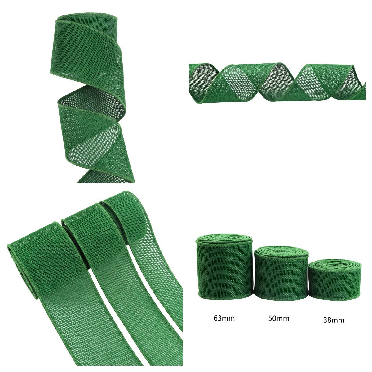 Dark green cotton ribbon garden ties, 3 pack—38mm, 50mm, 63mm rolled ribbons.