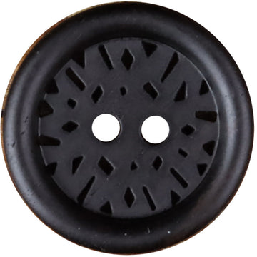 Round dark 2-hole coat button with laser-cut radial design and smooth rim