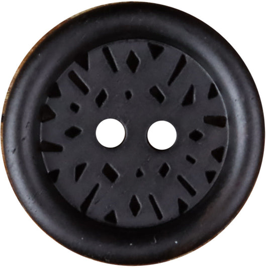 Round dark 2-hole coat button with laser-cut radial design and smooth rim