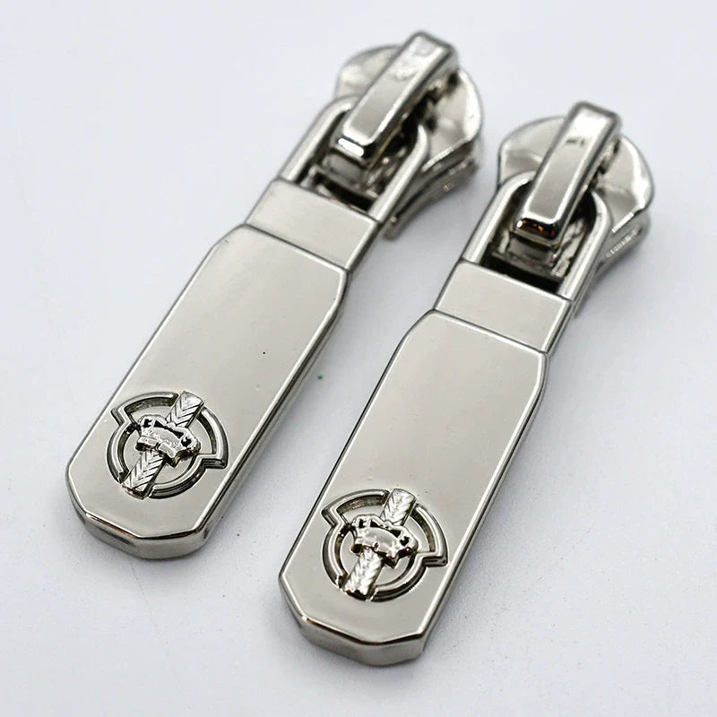 Silver-tone metal zipper pulls with circular setting and rhinestone-style crest, 10-pack