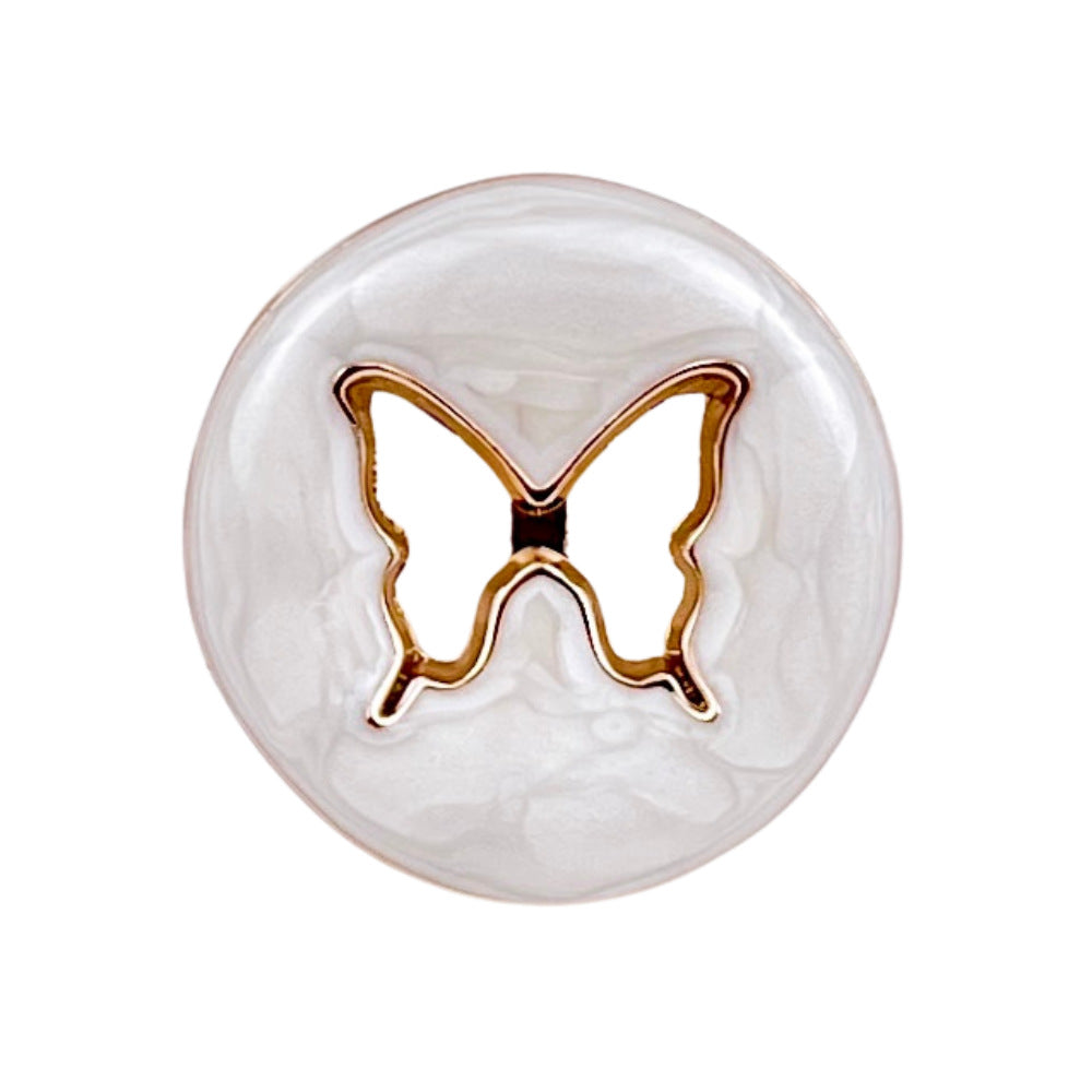White hollow butterfly metal button, round, with gold-colored butterfly cutout