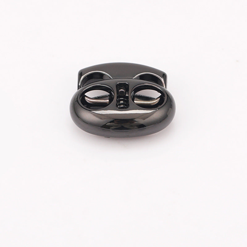 Oval pig nose two-hole metal cord lock, gunmetal gray spring clasp for drawstrings