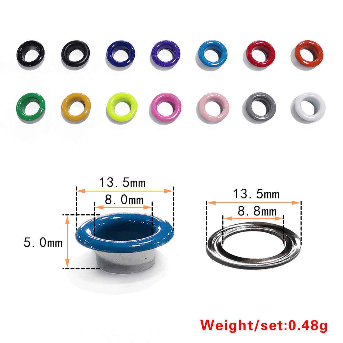 Shoe eyelets hollow rivets size guide: 13.5mm outer, 8.0mm inner, 5.0mm height