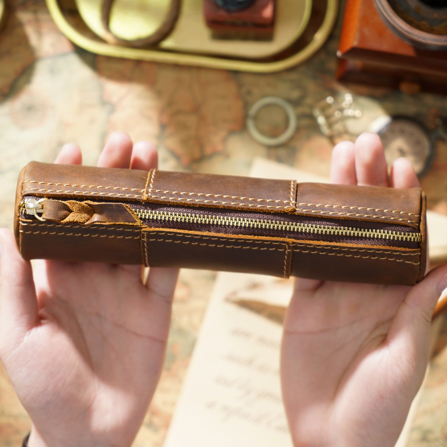 Handmade Vintage Crazy Horse Leather Pencil Case