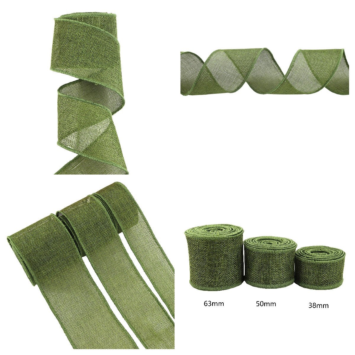 Green cotton ribbon garden ties, 3 pack—38mm, 50mm, 63mm rolls.
