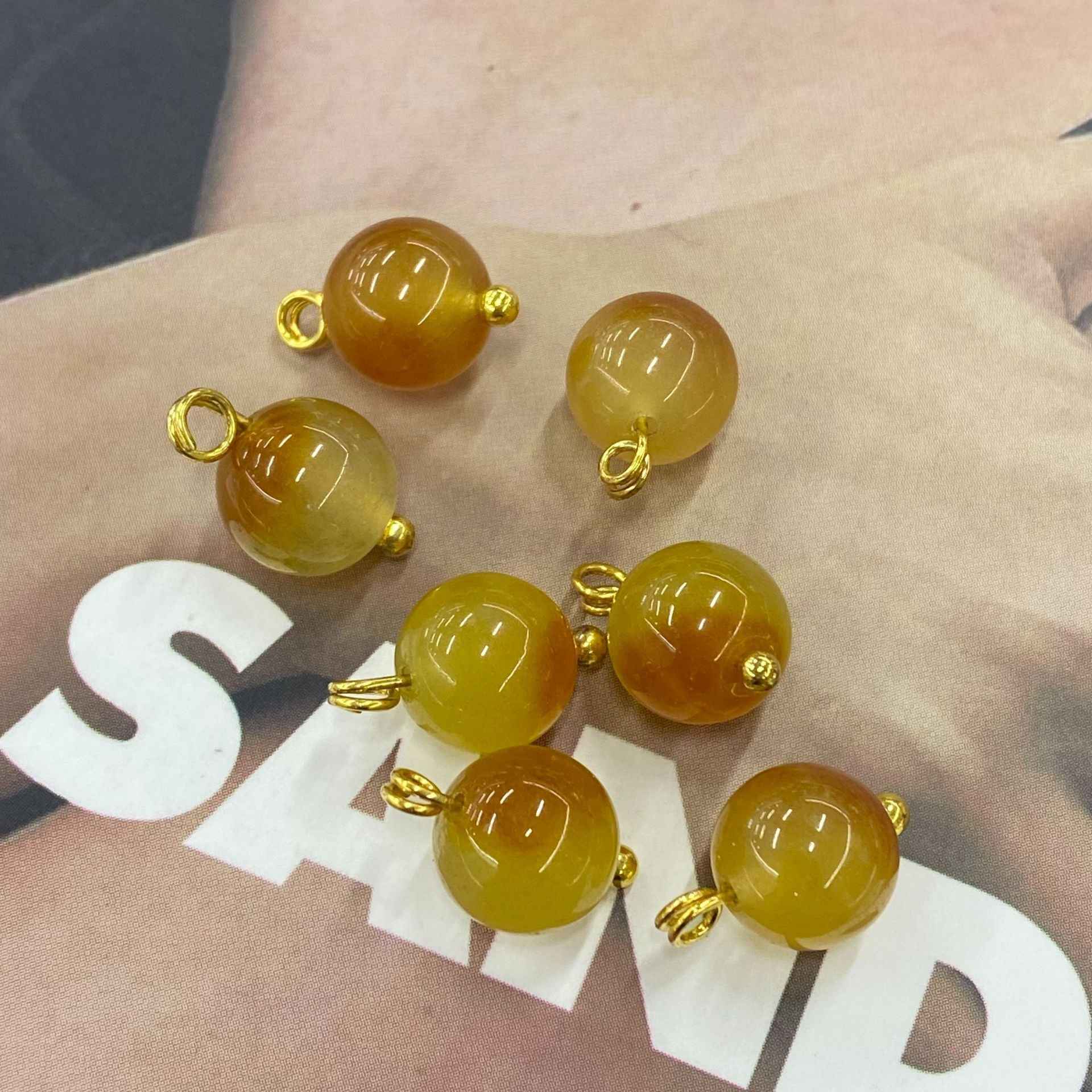 Natural jade buttons, olive-brown tones, gold loops, 10mm round Chinese style