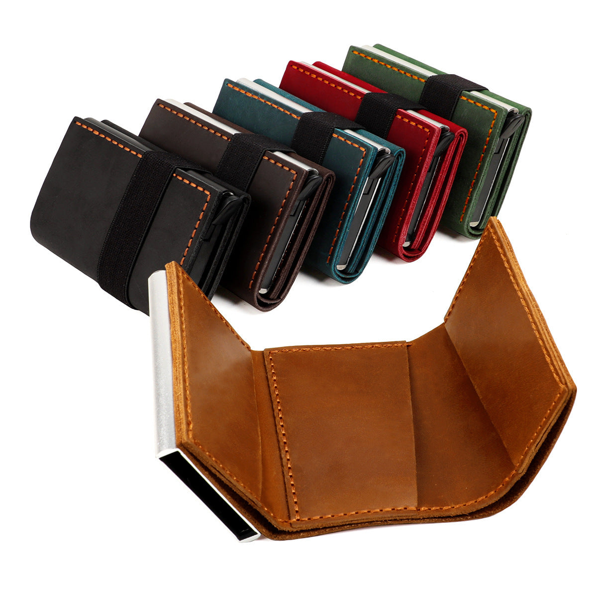 Leather RFID Blocking Card Holder Wallet Pop-Up Aluminum Case