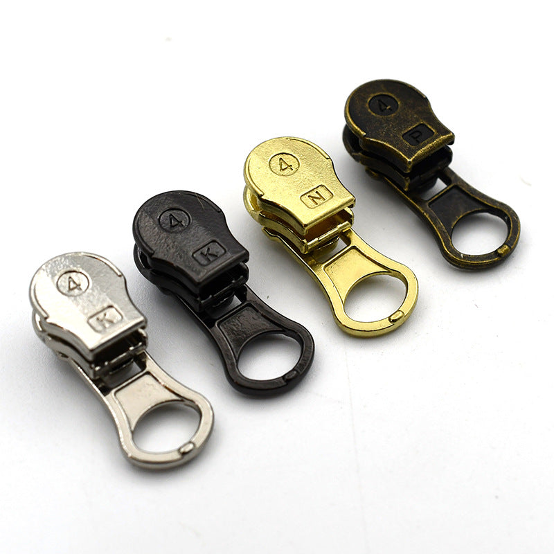 Heavy-duty metal zipper pulls (#4), assorted gold, black, silver, and dark bronze