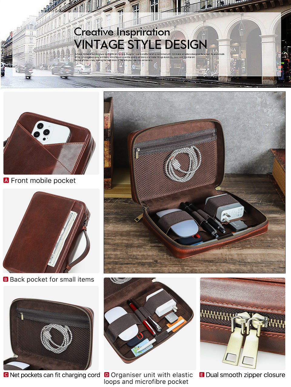 Full-Grain Cowhide Leather Tech Organizer Bag Cable & Digital Accessories Pouch