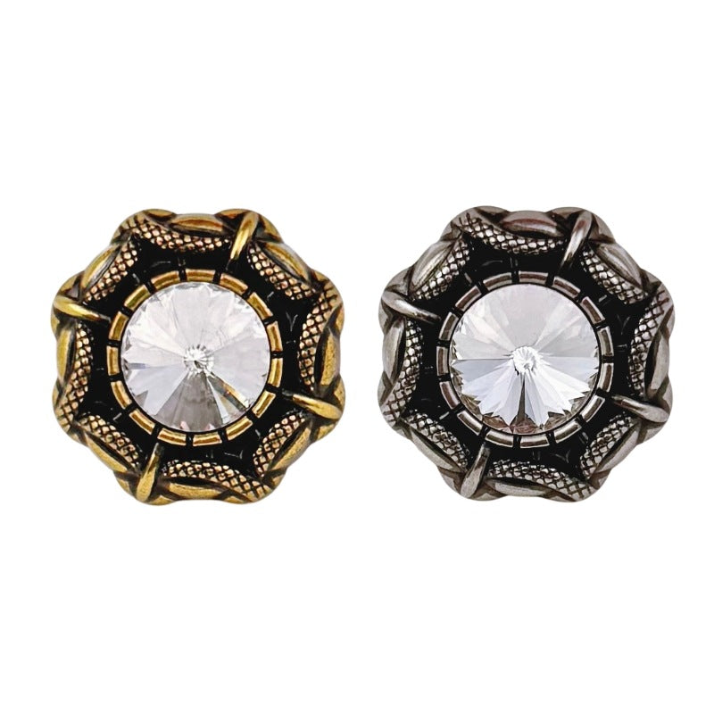 Vintage snake-edge button set: white rhinestone center, antique-gold & antique-silver shanks