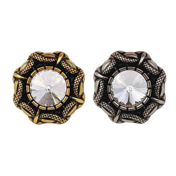 Vintage snake-edge button set: white rhinestone center, antique-gold & antique-silver shanks