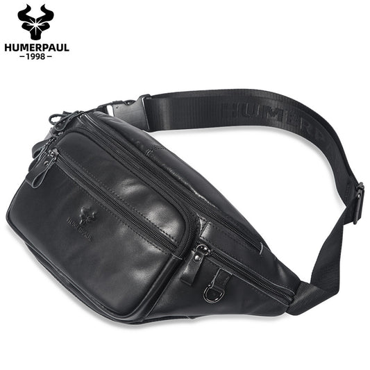 Men's Cowhide Waist Bag,Outdoor Sports Leather Sling Chest Pack Black