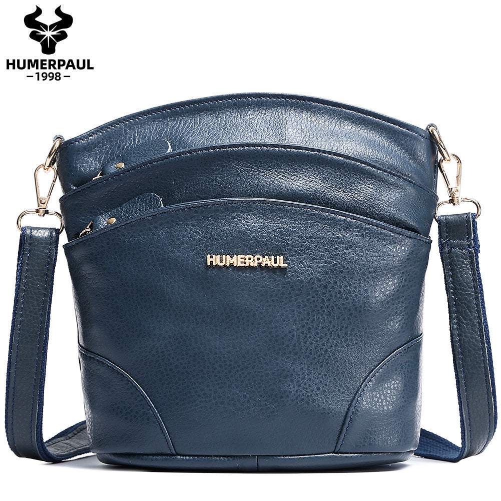 Top Grain Leather Women's Crossbody Bucket Shoulder Bag Blue