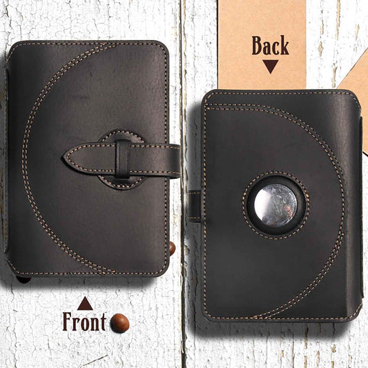 Leather Passport Wallet with AirTag Finger Ring Neck Strap Black