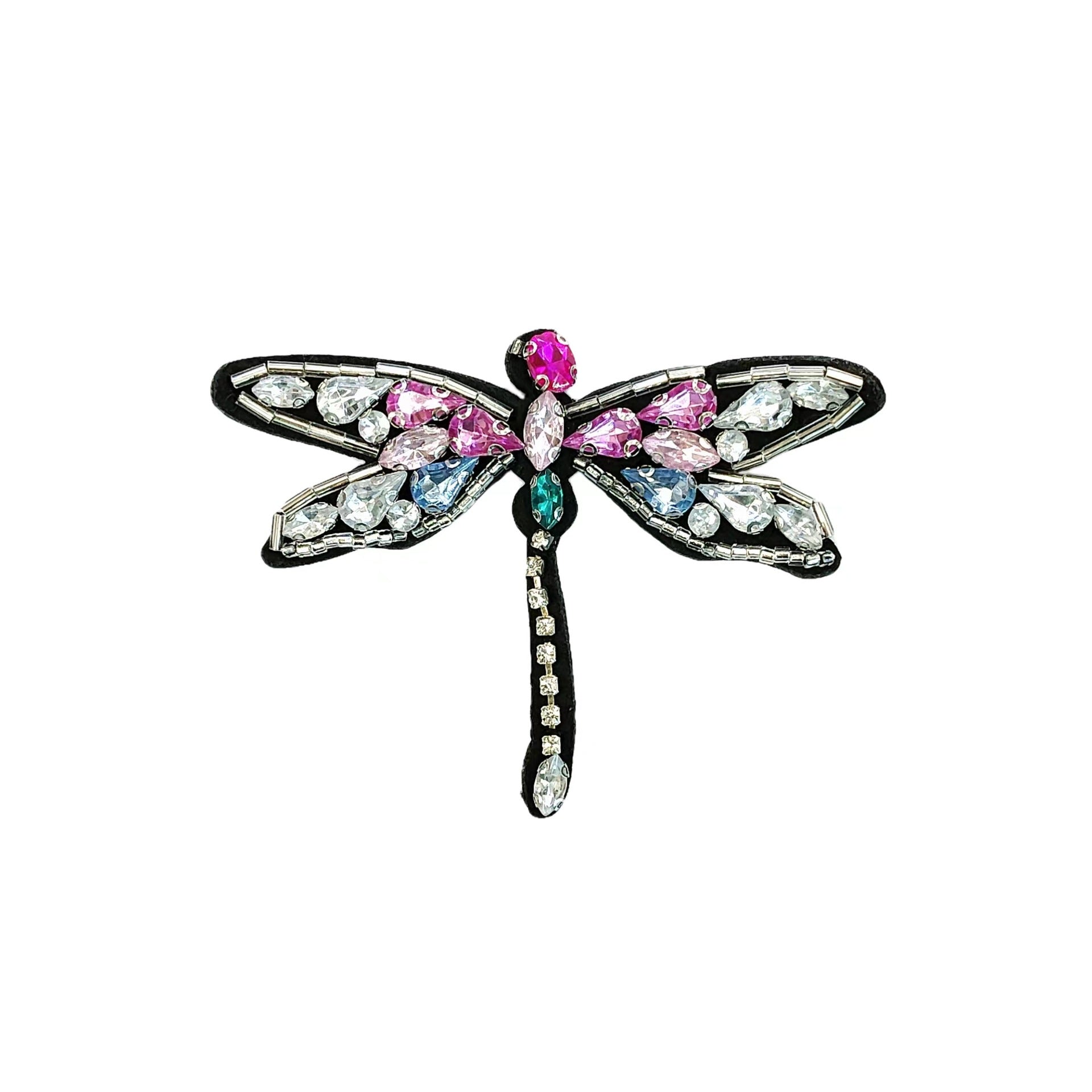Pink and blue crystal butterfly sequin applique with dangling rhinestone tail